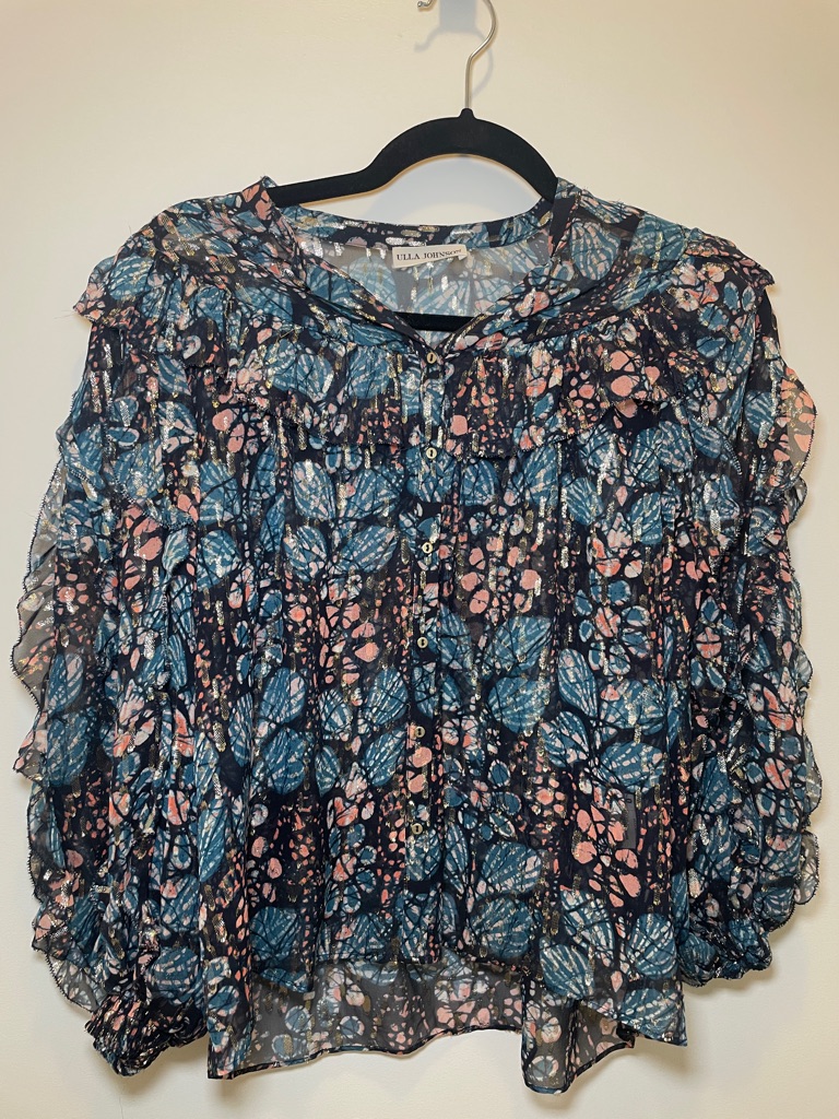 Ulla Johnson Navy Blue & Pink Floral Ruffle Blouse